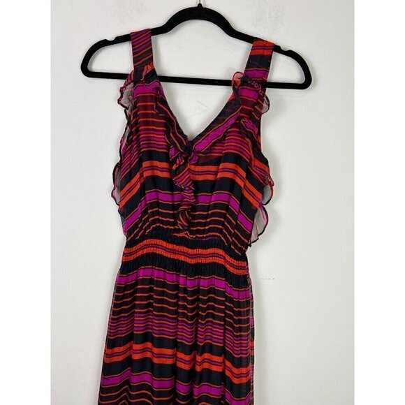 Aryn K V-Neck Sleeveless Striped Maxi Dress Size XS Silk Ruffles Burgundy - Picture 5 of 10